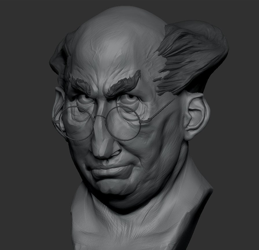A grayscale 3D digital render of a bald man's bust with round wire-rimmed glasses and stylized hair, shown against a dark gray background.