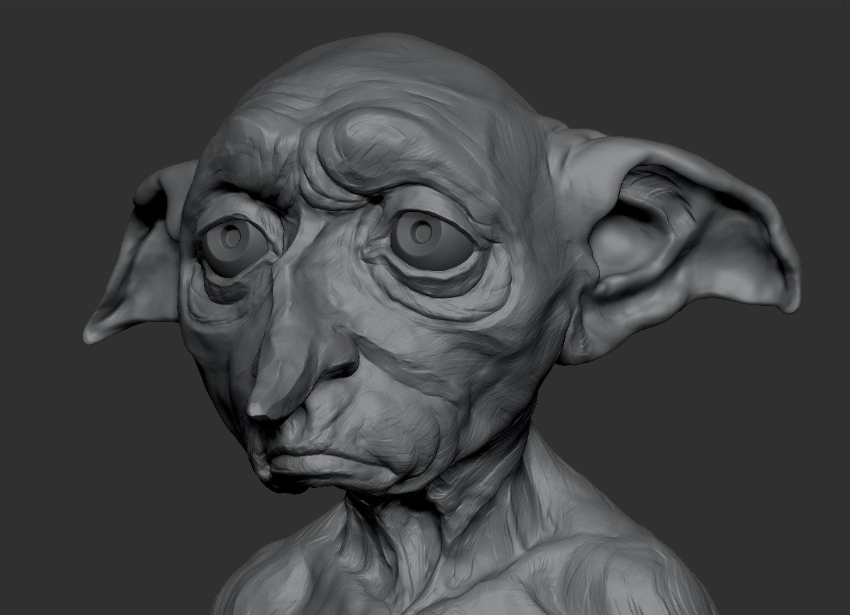 A grayscale 3D digital render of a creature resembling Dobby the Dragon, shown in a close-up bust against a dark gray background.